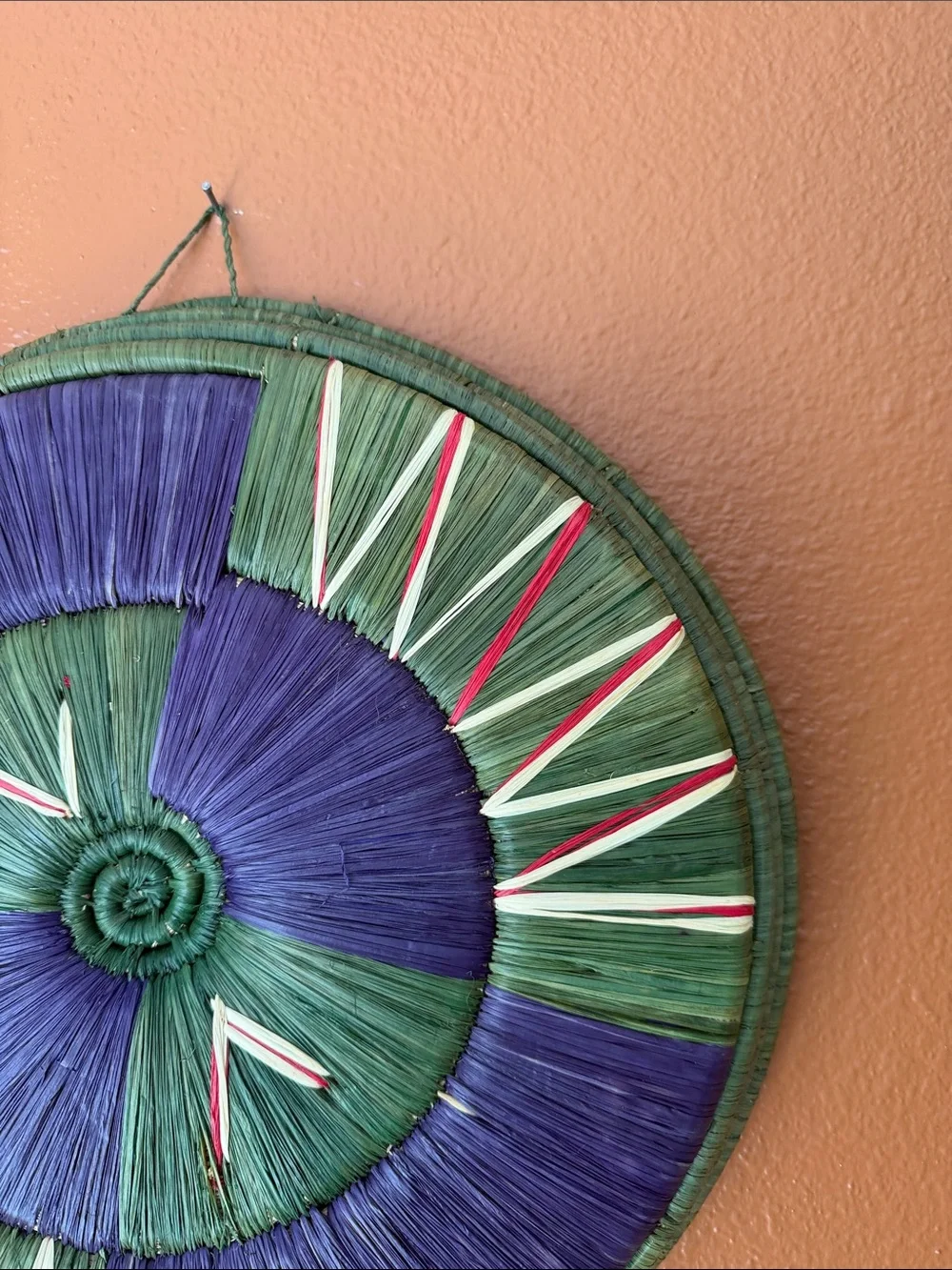 Handwoven Decorative Wall Basket in Green & Purple (14” Diameter)
